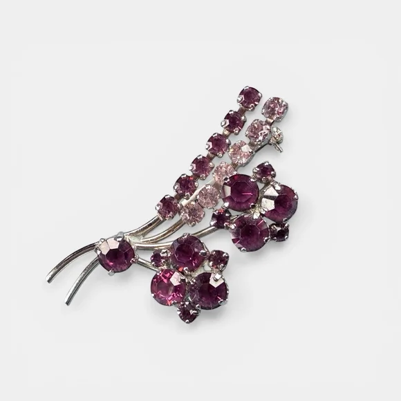 Vintage Austrian Crystal Brooch Purple Pink Rhinestone Floral Spray Pin 1950s - Picture 10 of 10